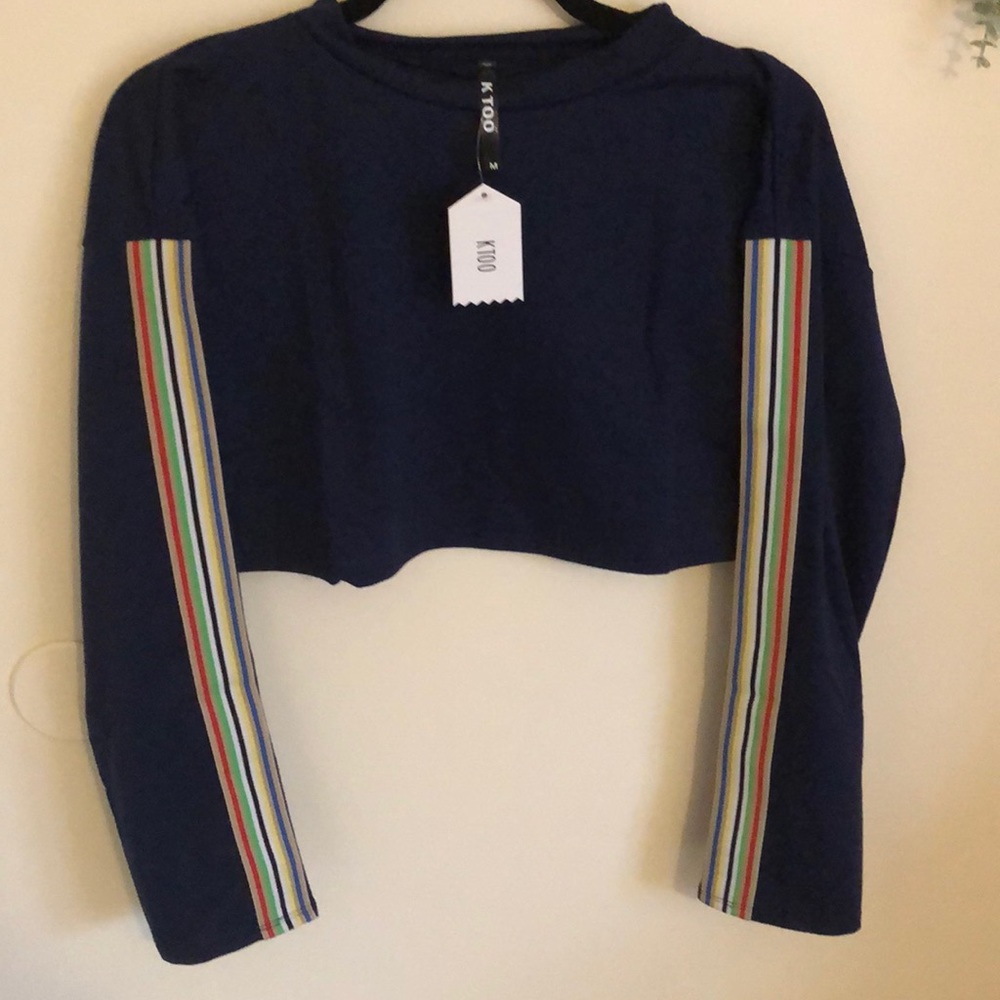 NWT Navy Blue Long Sleeve Cropped with arm stripes